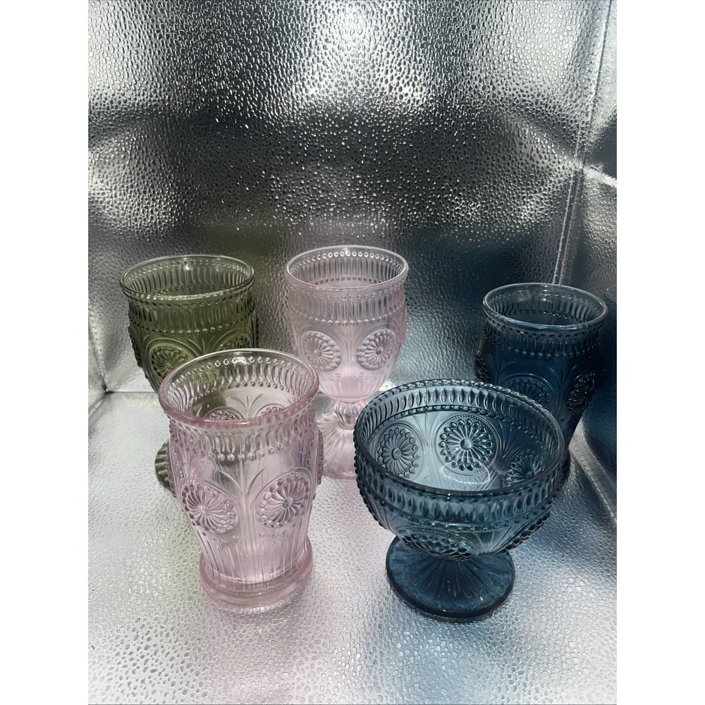 Variety Embossed Glassware set Of 5 Vtg drinking glasses Dishwasher safe colored